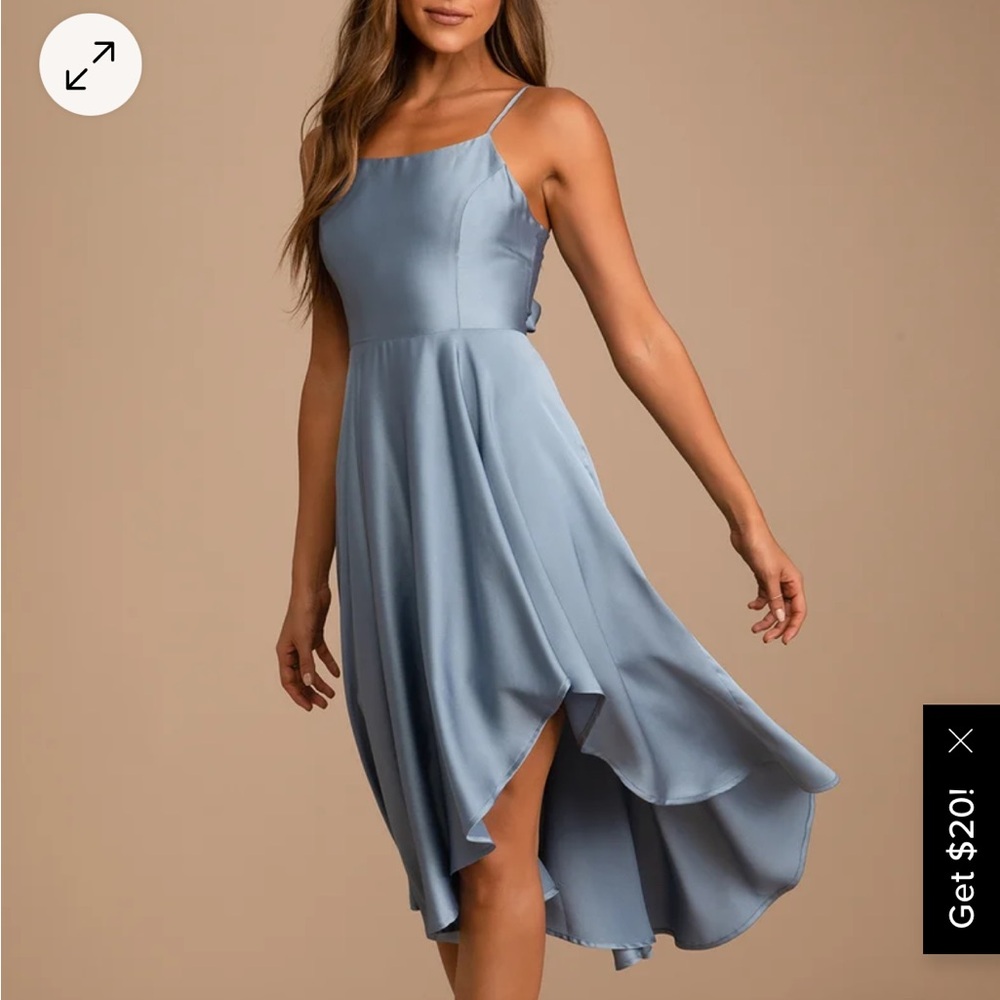 Days Like Today Blue Satin Asymmetrical Tie-Back Midi Dress.